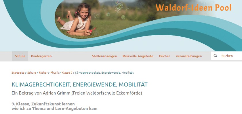 Screenshot der Webseite https://www.waldorf-ideen-pool.de/Schule/faecher/physik/Klasse-9/Klimagerechtigkeit-Energiewende-Mobilitaet