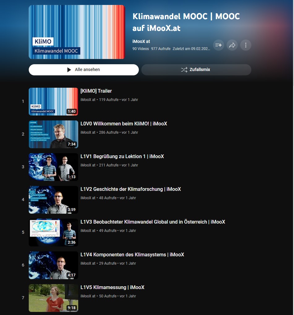 Screenshot der Youtube-Playliste der einzelnen Videos aus dem Klimawandel MOOC