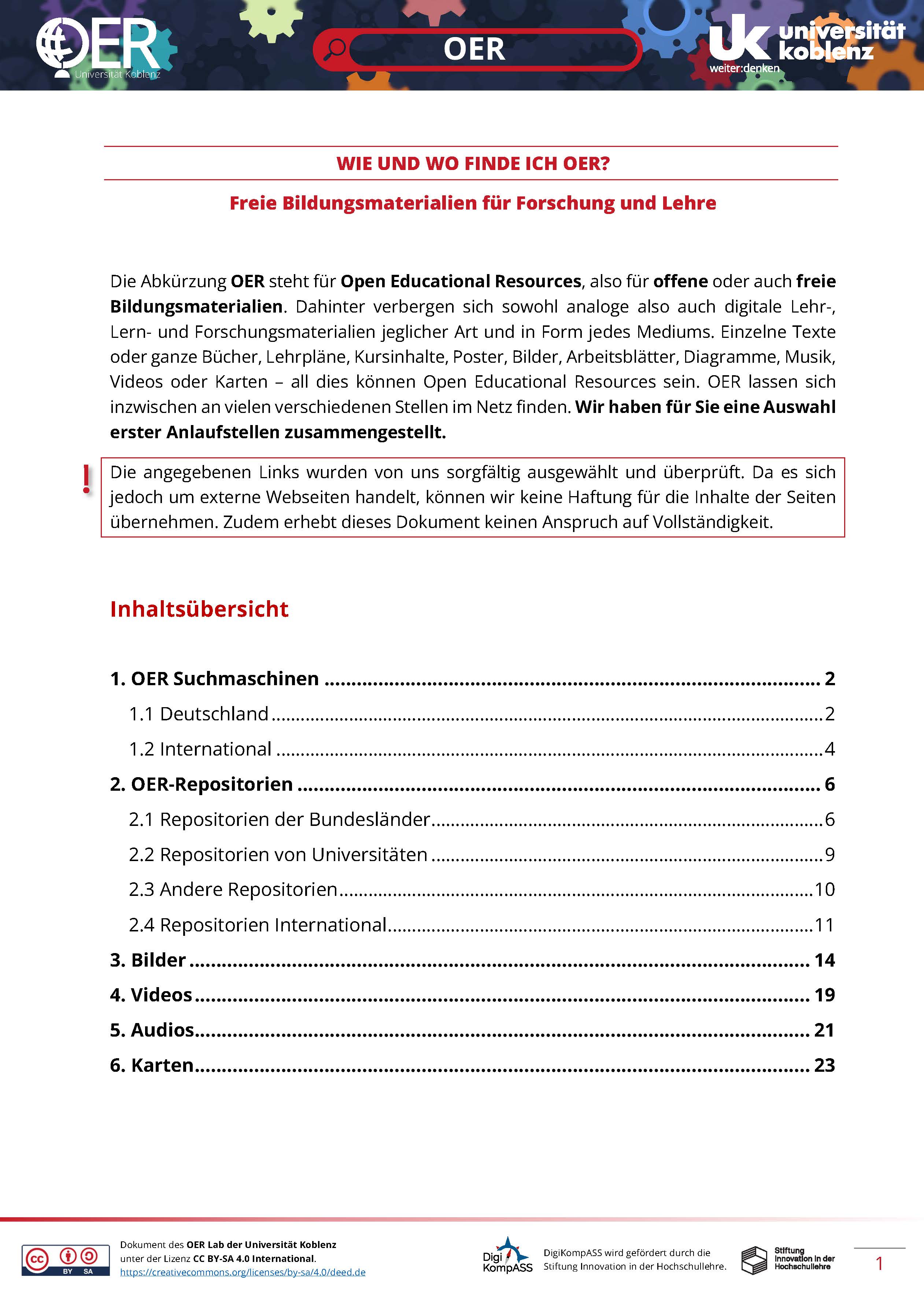 Vorschaubild der Handreichung "Wo finde ich OER?" - Handreichung OER Portale