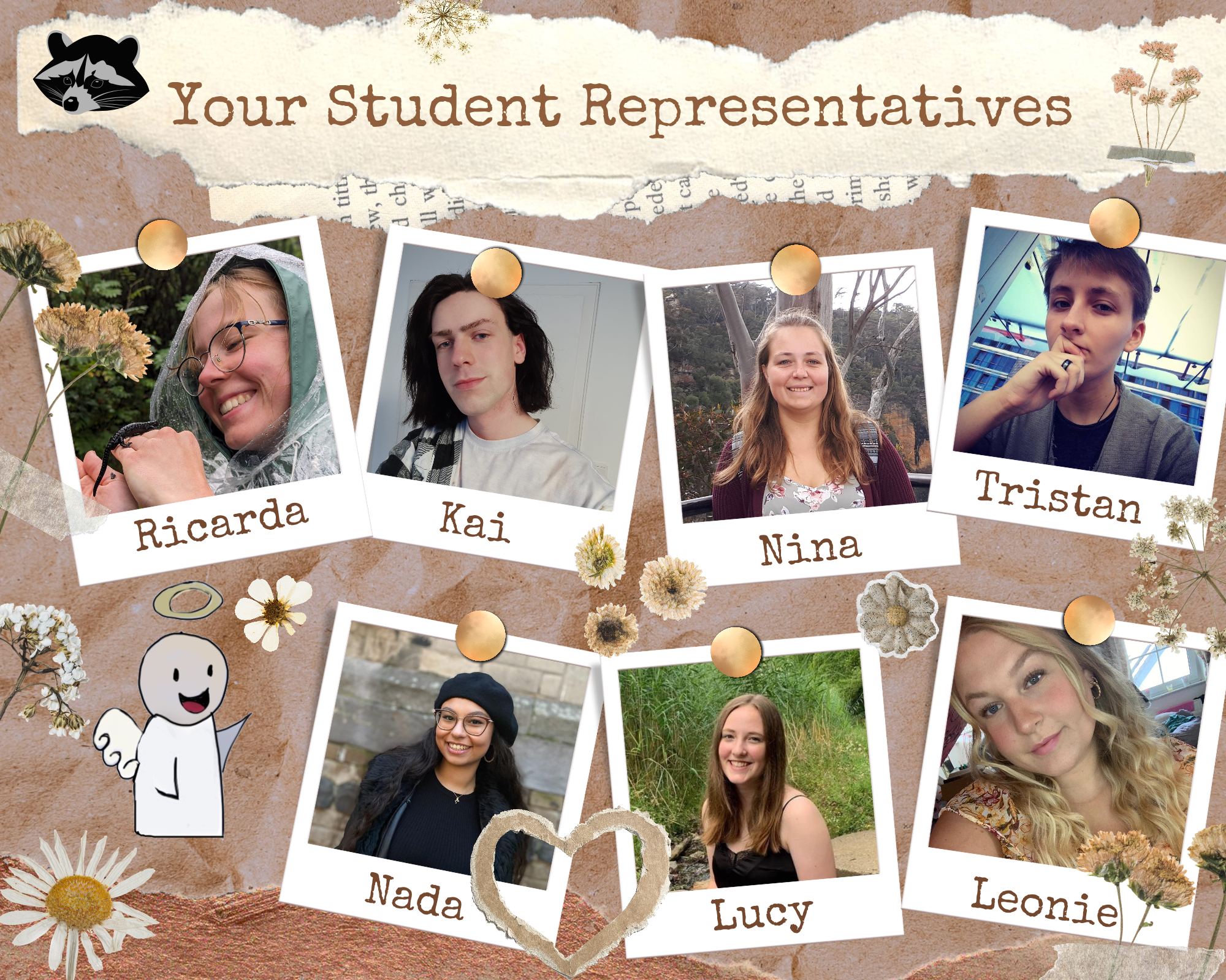 A collage titled Your Student Representatives which shows photos of seven people. The first row shows Ricarda, Kai, Nina and Tristan, the second row shows Nada, Lucy and Leonie.